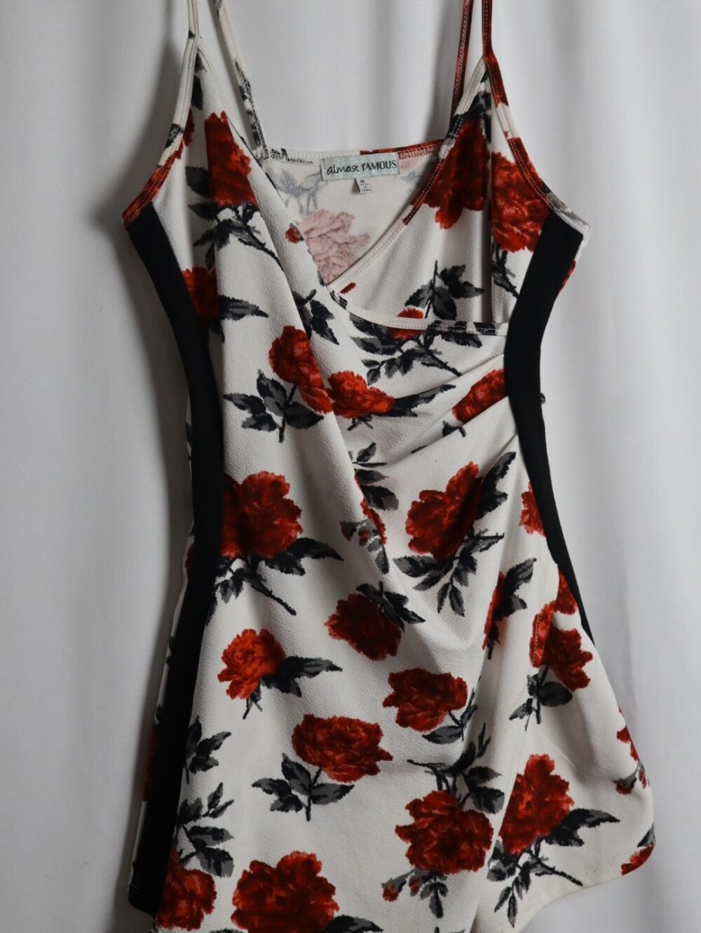 Almost Famous White Cami with Red Rose Print and Black Side Panels